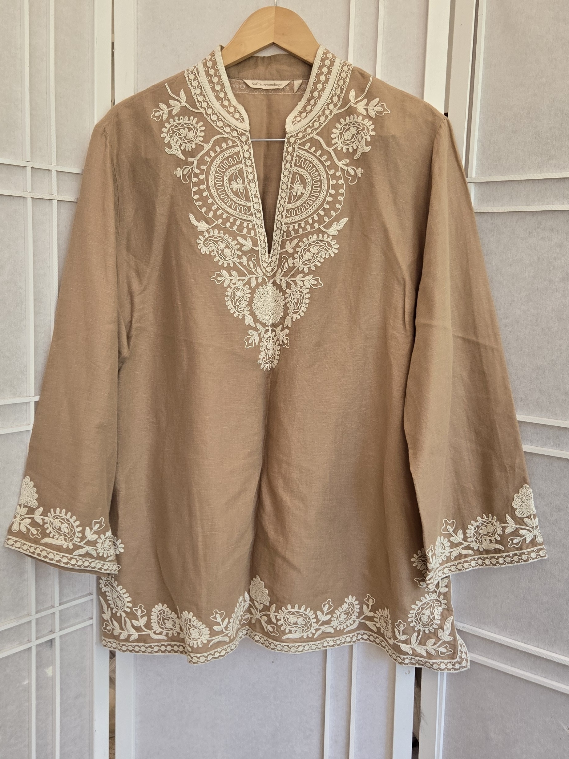 Soft Surroundings Beige-Tan Embroidered V-Neck Tunic Linen Blend